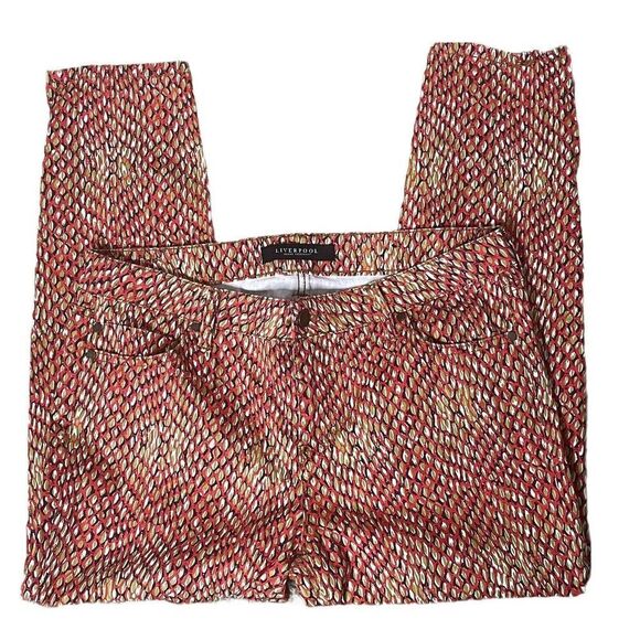 𝅺LIVERPOOL Jeans Pauline Red Beige Printed Zip Ankle Cropped Jeans 10 - Picture 3 of 8